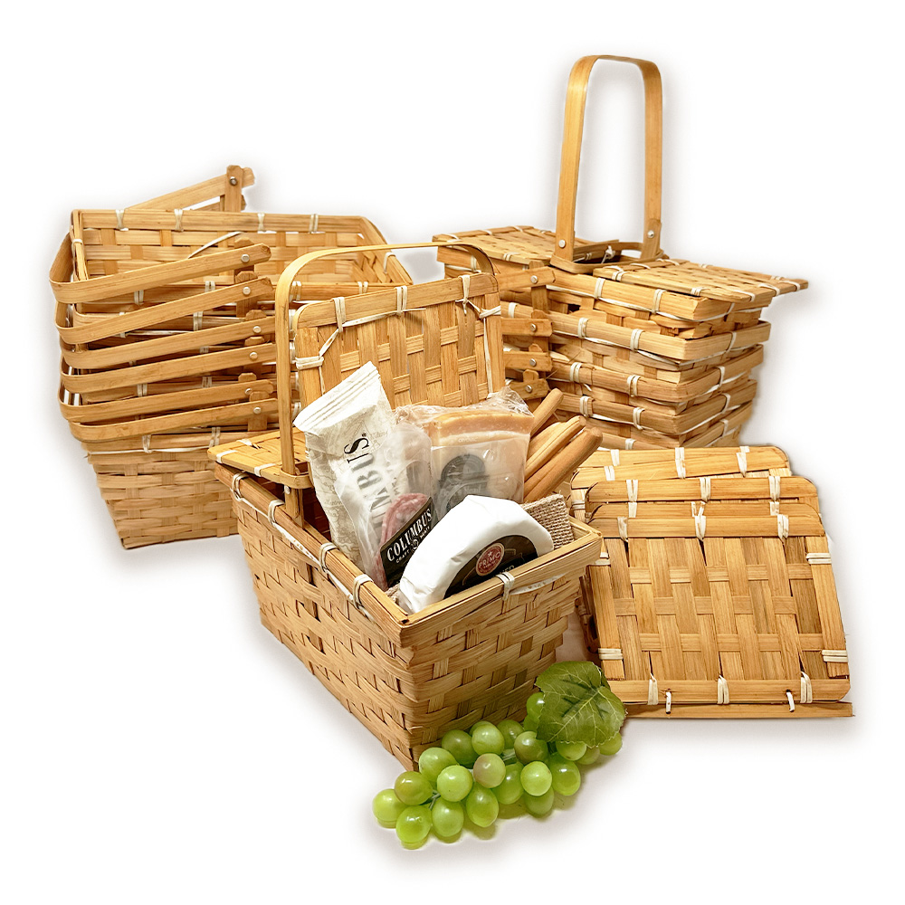 12 Pack - Honey Rect Bamboo Weave Picnic Basket w/ Lid 10in
